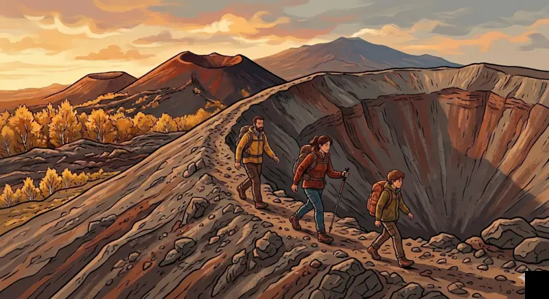 Escursionisti sulla colata lavica dell'eruzione del 1865 ai Monti Sartorius con l'Etna sullo sfondo