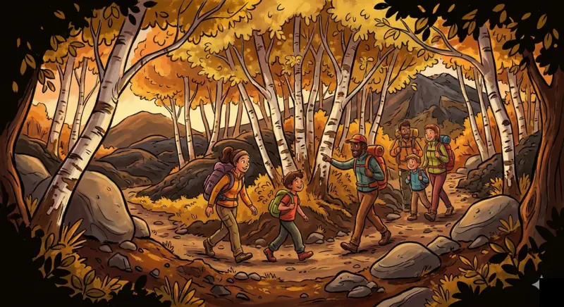 Escursionisti nel bosco endemico di betulle dell'Etna lungo il sentiero dei Monti Sartorius in autunno