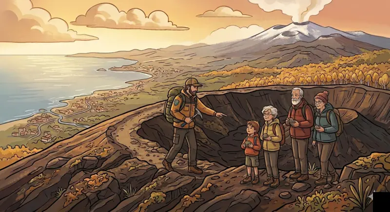 Guida vulcanologica spiega il cratere del 1865 ai Monti Sartorius con la costa ionica visibile in basso