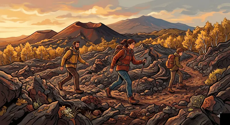 Due escursionisti attraversano un campo di lava basaltica sul versante nord dell'Etna ai Monti Sartorius